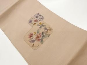 手織り紬手描き四角に花・唐草・紅葉模様名古屋帯